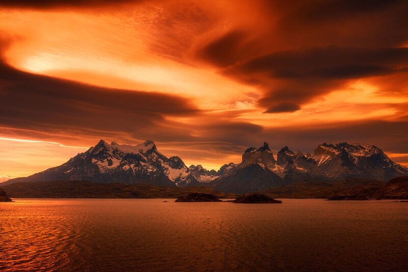 Mountain Range at Sunset — Orange, Dramatic, Photograph, Sky, Water, Islands