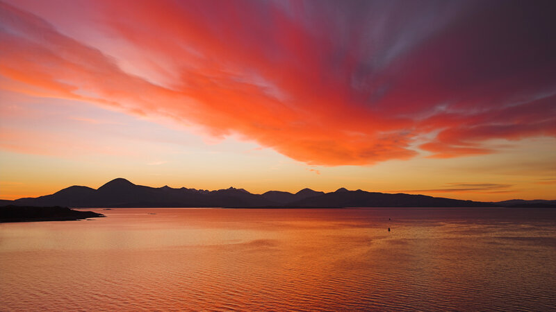 Mountain Range at Sunset — Orange, Dramatic, Photograph, Sky, Water, Mountains