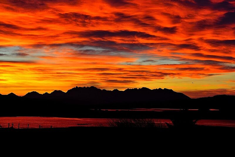Mountain Range at Sunset — Orange, Dramatic, Photograph, Sky, Water