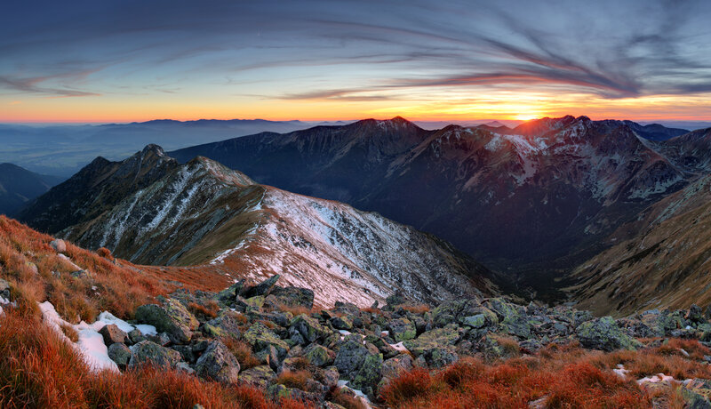 Mountain Range at Sunset — Orange, Dramatic, Photograph, Snow