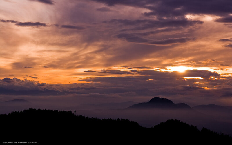 Mountain Range at Sunset — Orange, Dramatic, Photograph, Sun, Clouds, Forest