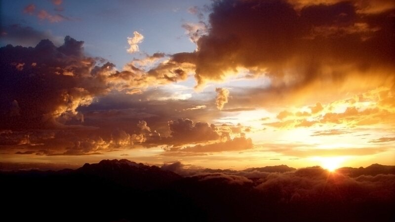 Mountain Range at Sunset — Orange, Dramatic, Photograph, Sun, Clouds, Mountains