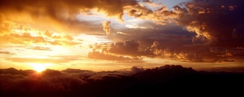 Mountain Range at Sunset — Orange, Dramatic, Photograph, Sun, Clouds, Mountains, Yellow