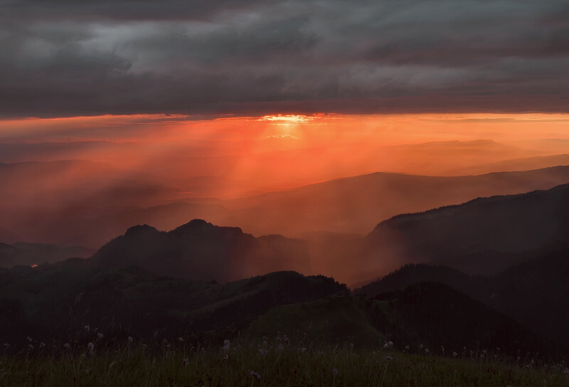 Mountain Range at Sunset — Orange, Dramatic, Photograph, Sun, Clouds