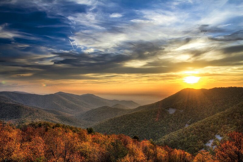 Mountain Range at Sunset — Orange, Dramatic, Photograph, Sun, Clouds, Trees