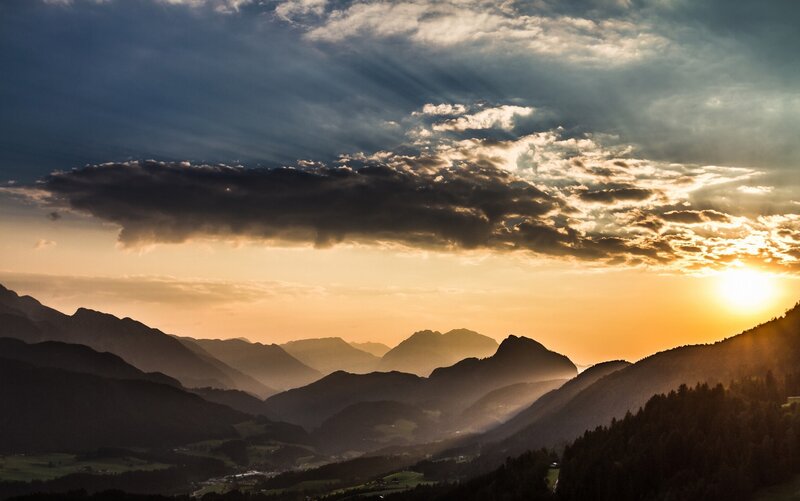 Mountain Range at Sunset — Orange, Dramatic, Photograph, Sun, Clouds, Valley