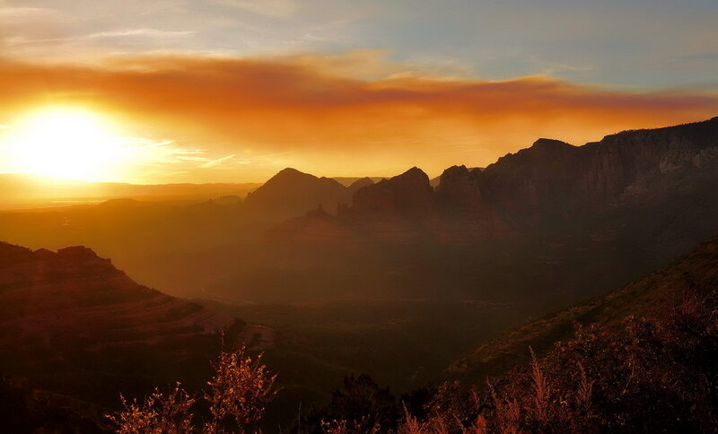 Mountain Range at Sunset — Orange, Dramatic, Photograph, Sun, Clouds, Valley, Yellow