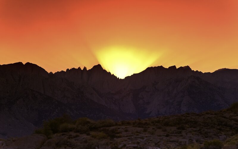Mountain Range at Sunset — Orange, Dramatic, Photograph, Sun, Sky