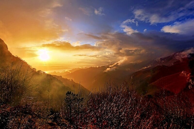 Mountain Range at Sunset — Orange, Dramatic, Photograph, Sun
