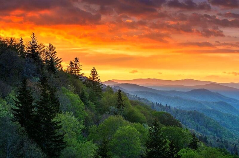Mountain Range at Sunset — Orange, Dramatic, Photograph, Trees, Clouds