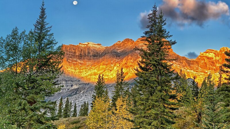 Mountain Range at Sunset — Orange, Dramatic, Photograph, Trees, Moon