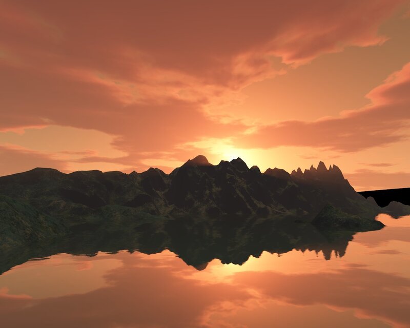 Mountain Range at Sunset — Orange, Serene, 3d Render, Sun, Clouds, Reflection