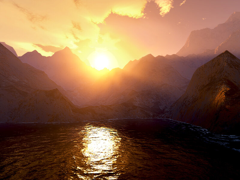 Mountain Range at Sunset — Orange, Serene, 3d Render, Sun