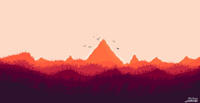 Mountain Range at Sunset — Orange, Serene, Digital Art, Birds