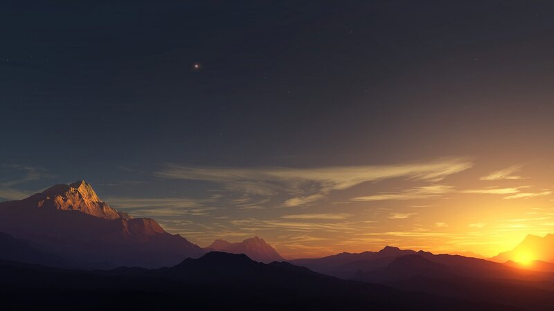 Mountain Range at Sunset — Orange, Serene, Digital Art, Sun, Clouds, Stars