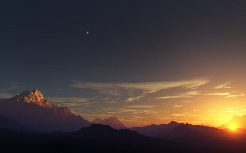 Mountain Range at Sunset — Orange, Serene, Digital Art, Sun
