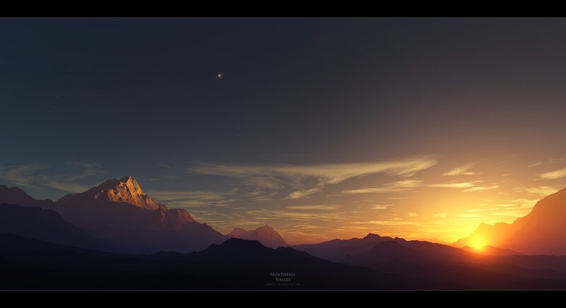 Mountain Range at Sunset — Orange, Serene, Digital Art
