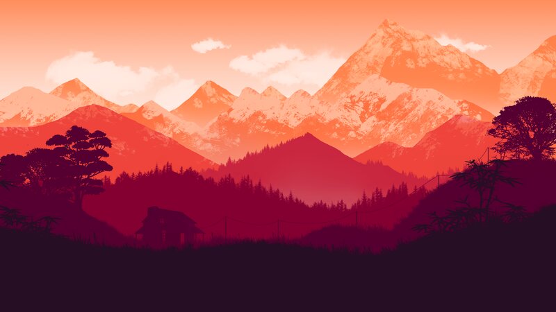 Mountain Range at Sunset — Orange, Serene, Digital Art, Trees, Cabin
