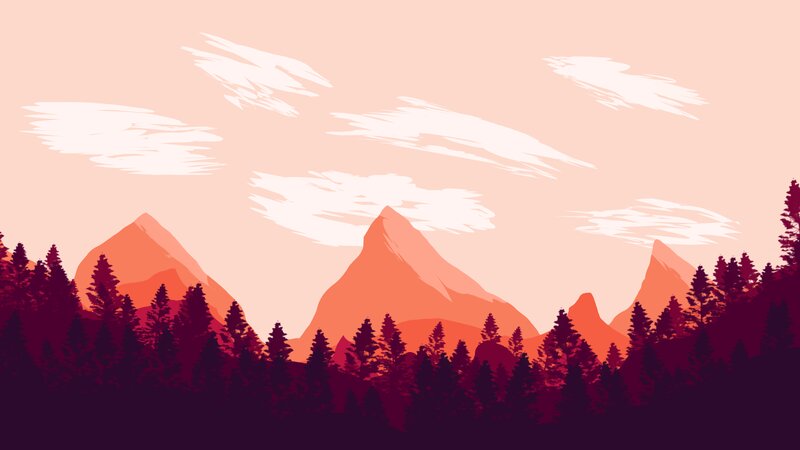 Mountain Range at Sunset — Orange, Serene, Digital Art, Trees, Clouds