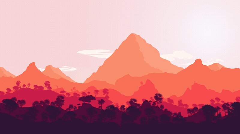 Mountain Range at Sunset — Orange, Serene, Digital Art, Trees