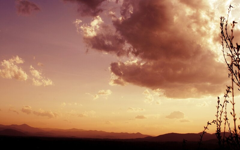 Mountain Range at Sunset — Orange, Serene, Photograph, Clouds, Plants, Sky