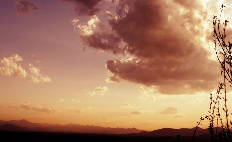 Mountain Range at Sunset — Orange, Serene, Photograph, Clouds, Plants