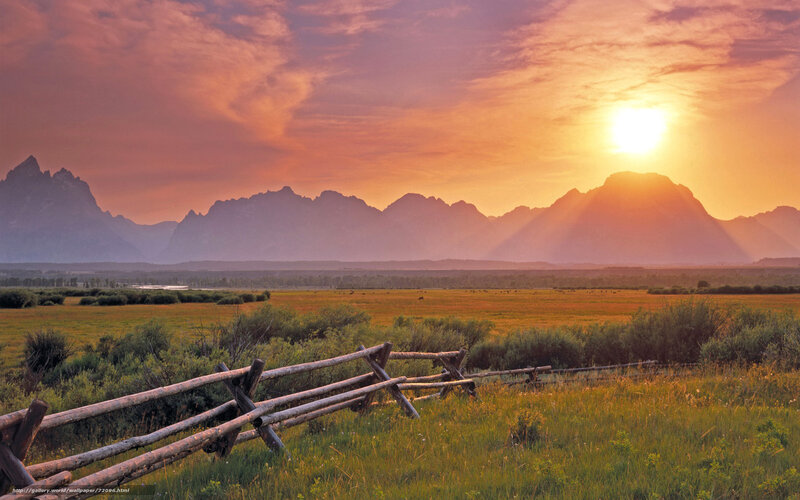 Mountain Range at Sunset — Orange, Serene, Photograph, Fence