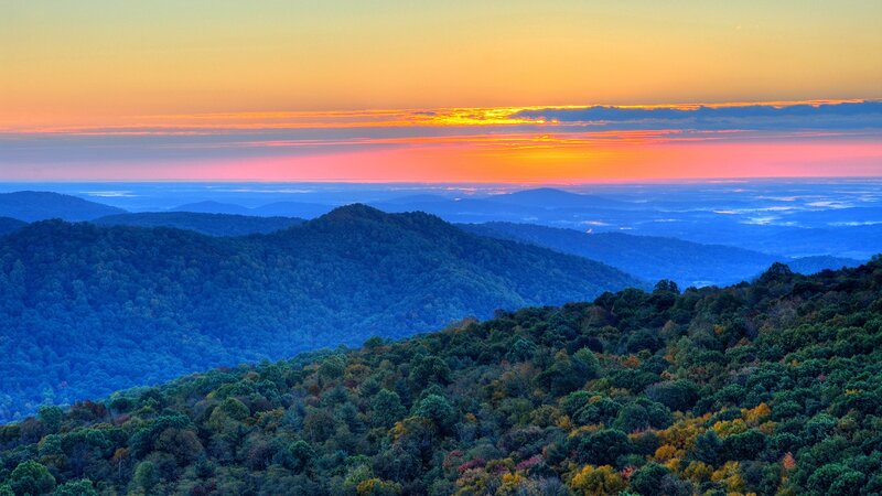Mountain Range at Sunset — Orange, Serene, Photograph, Forest, Sky, Clouds