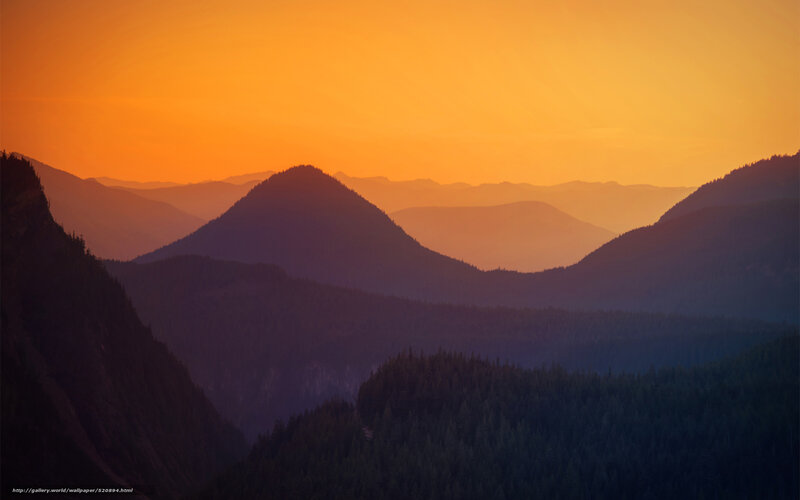 Mountain Range at Sunset — Orange, Serene, Photograph, Forest, Sky