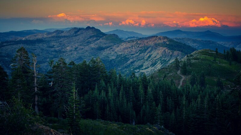 Mountain Range at Sunset — Orange, Serene, Photograph, Forests, Clouds, Trail