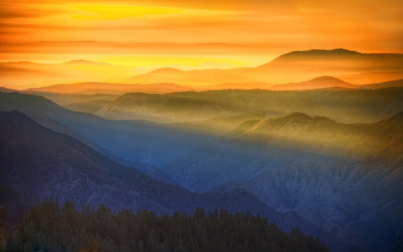 Mountain Range at Sunset — Orange, Serene, Photograph, Forests, Haze