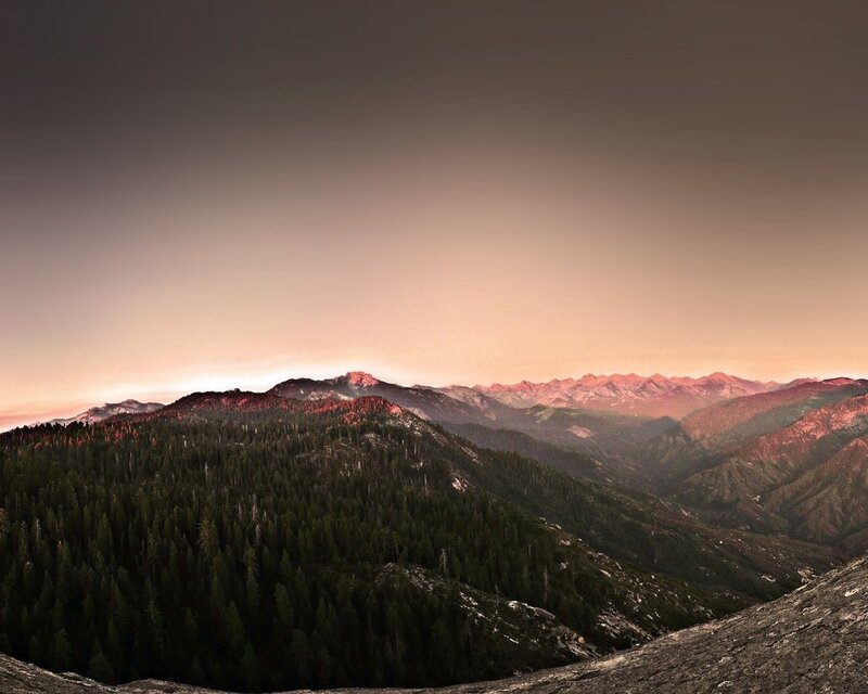 Mountain Range at Sunset — Orange, Serene, Photograph, Forests, Valleys, Sky, Green