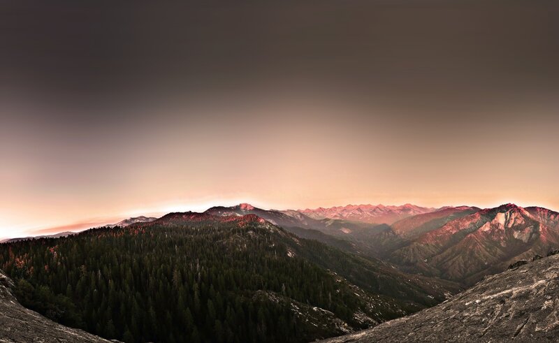 Mountain Range at Sunset — Orange, Serene, Photograph, Forests, Valleys, Sky