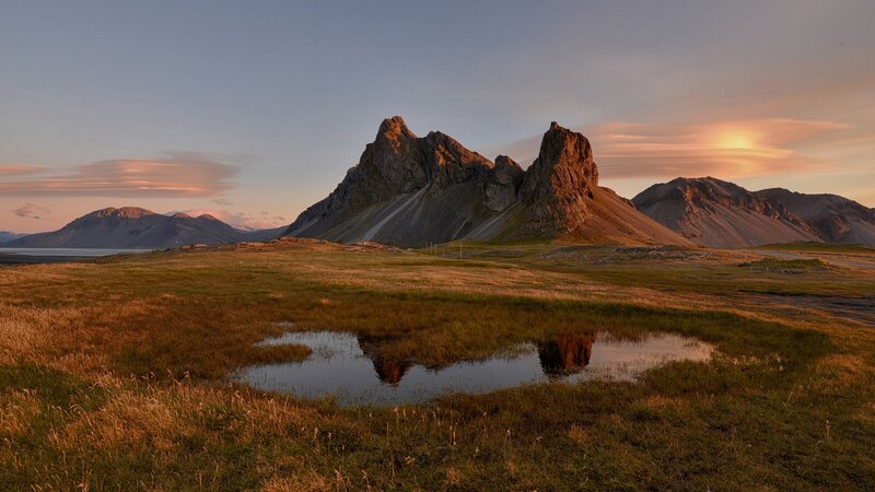 Mountain Range at Sunset — Orange, Serene, Photograph, Grassland