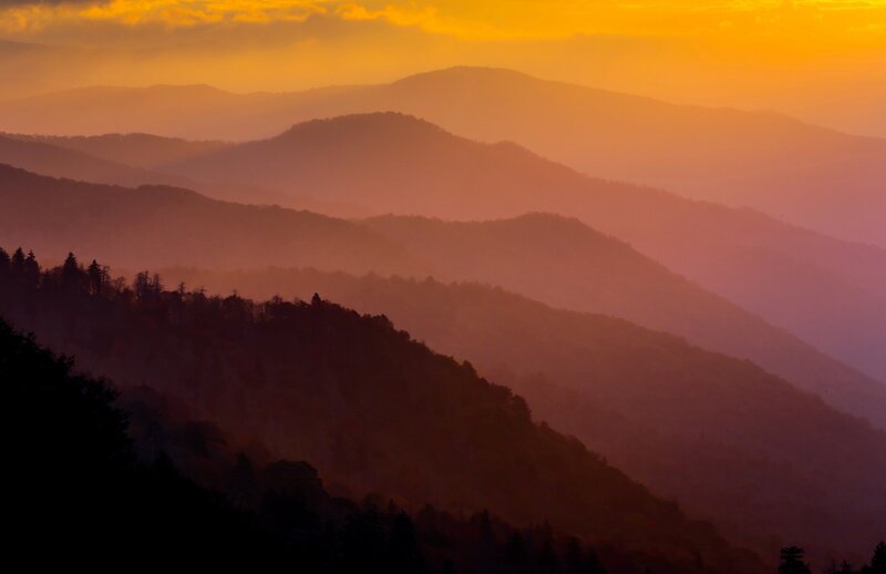 Mountain Range at Sunset — Orange, Serene, Photograph, Hills