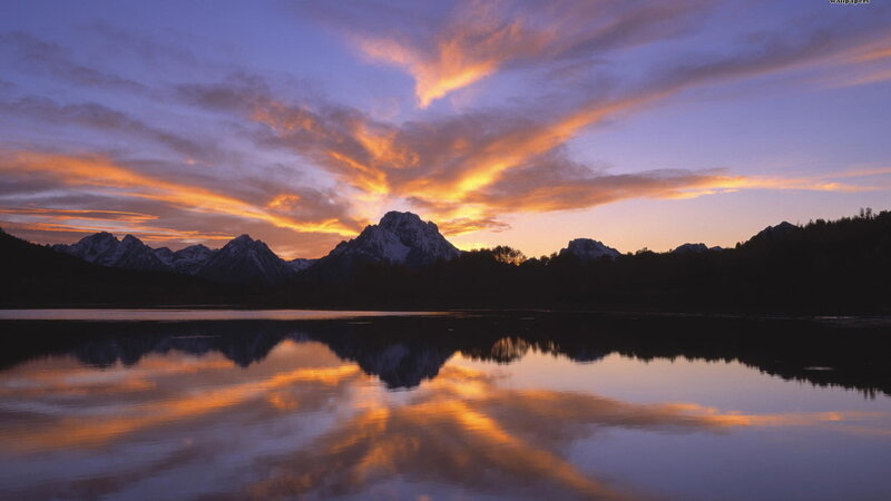 Mountain Range at Sunset — Orange, Serene, Photograph, Lake, Clouds, Trees