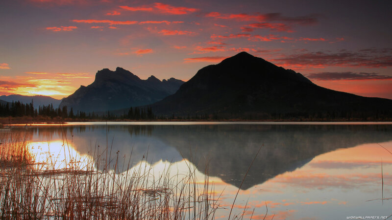 Mountain Range at Sunset — Orange, Serene, Photograph, Lake, Sky