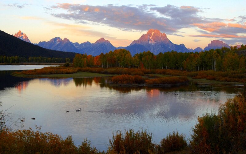 Mountain Range at Sunset — Orange, Serene, Photograph, Lake