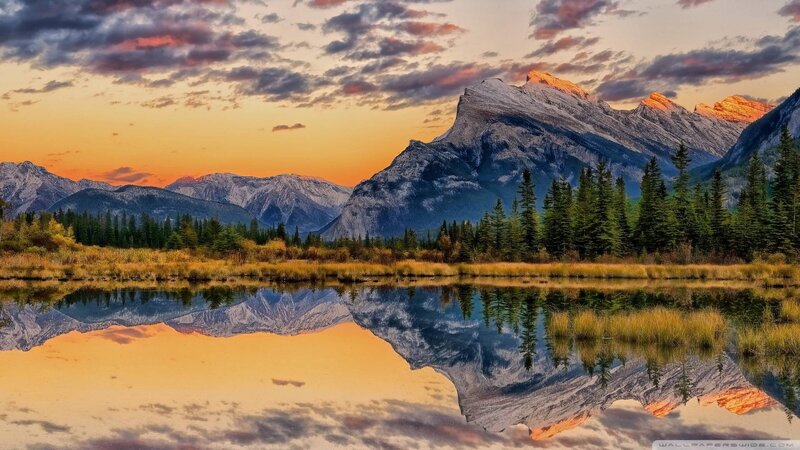 Mountain Range at Sunset — Orange, Serene, Photograph, Lake, Trees, Clouds