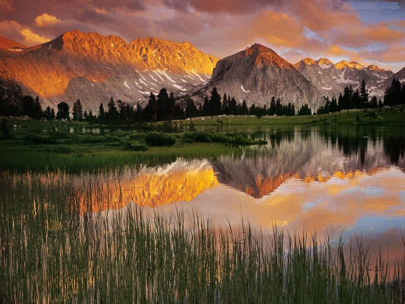 Mountain Range at Sunset — Orange, Serene, Photograph, Lake, Trees, Grass