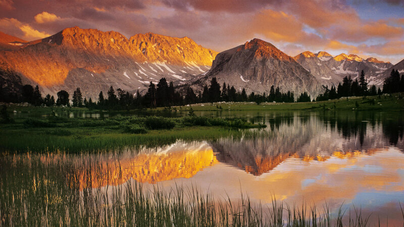 Mountain Range at Sunset — Orange, Serene, Photograph, Lake, Trees, Sky