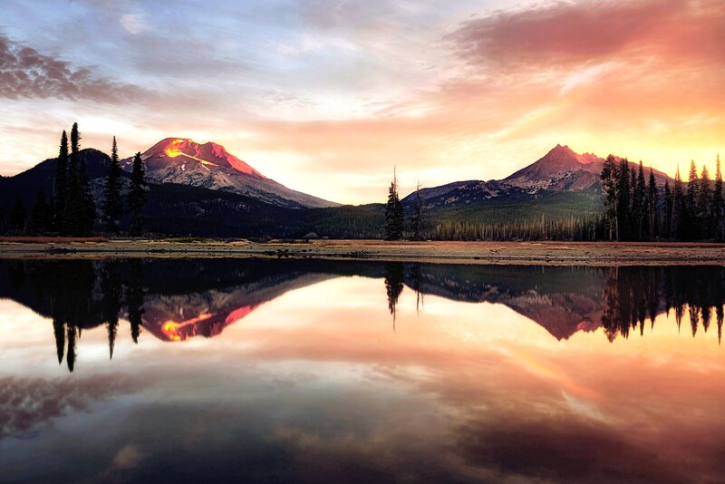 Mountain Range at Sunset — Orange, Serene, Photograph, Mountains, Lake