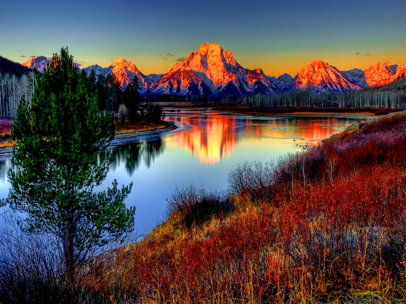 Mountain Range at Sunset — Orange, Serene, Photograph, River