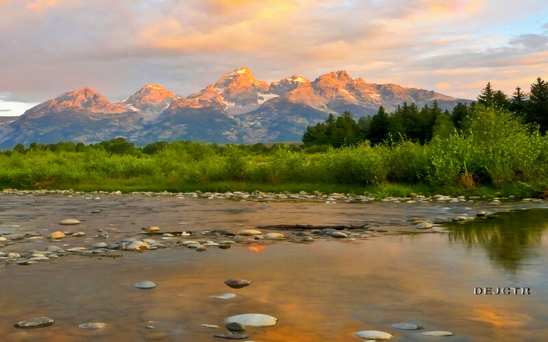 Mountain Range at Sunset — Orange, Serene, Photograph, River, Trees, Rocks