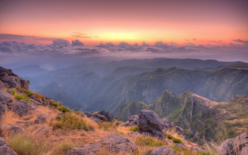 Mountain Range at Sunset — Orange, Serene, Photograph, Sky, Clouds, Rocks
