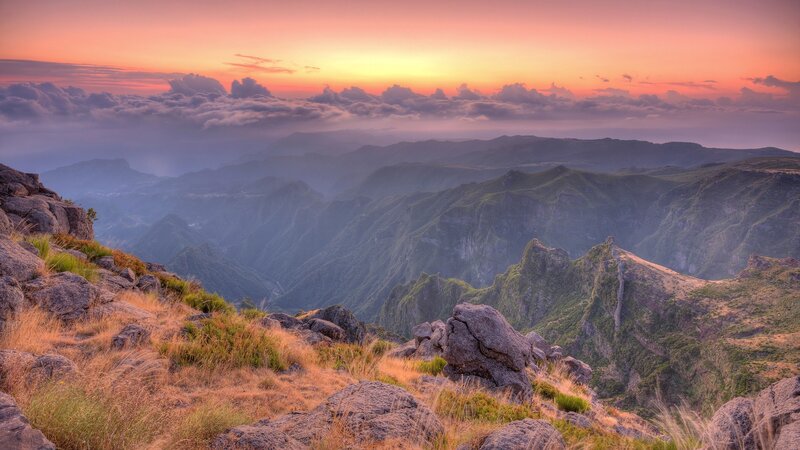 Mountain Range at Sunset — Orange, Serene, Photograph, Sky, Clouds