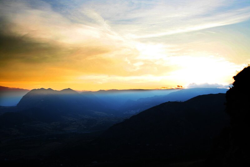 Mountain Range at Sunset — Orange, Serene, Photograph, Sky, Clouds, Valley