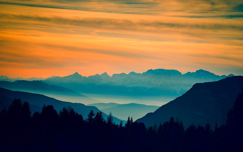 Mountain Range at Sunset — Orange, Serene, Photograph, Sky, Trees
