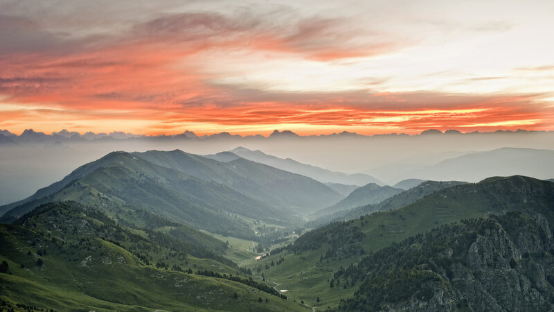 Mountain Range at Sunset — Orange, Serene, Photograph, Sky, Valley