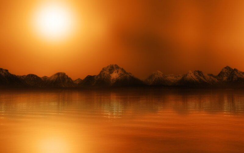 Mountain Range at Sunset — Orange, Serene, Photograph, Sun, Lake